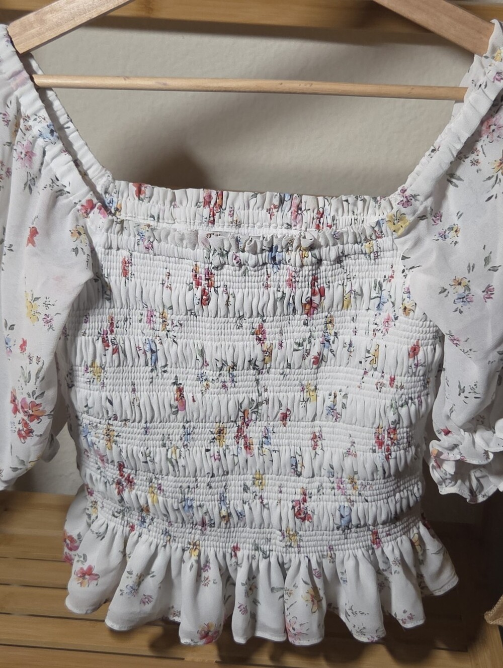 WAYF Floral Smocked Puff Sleeve Square Neck Blouse S
